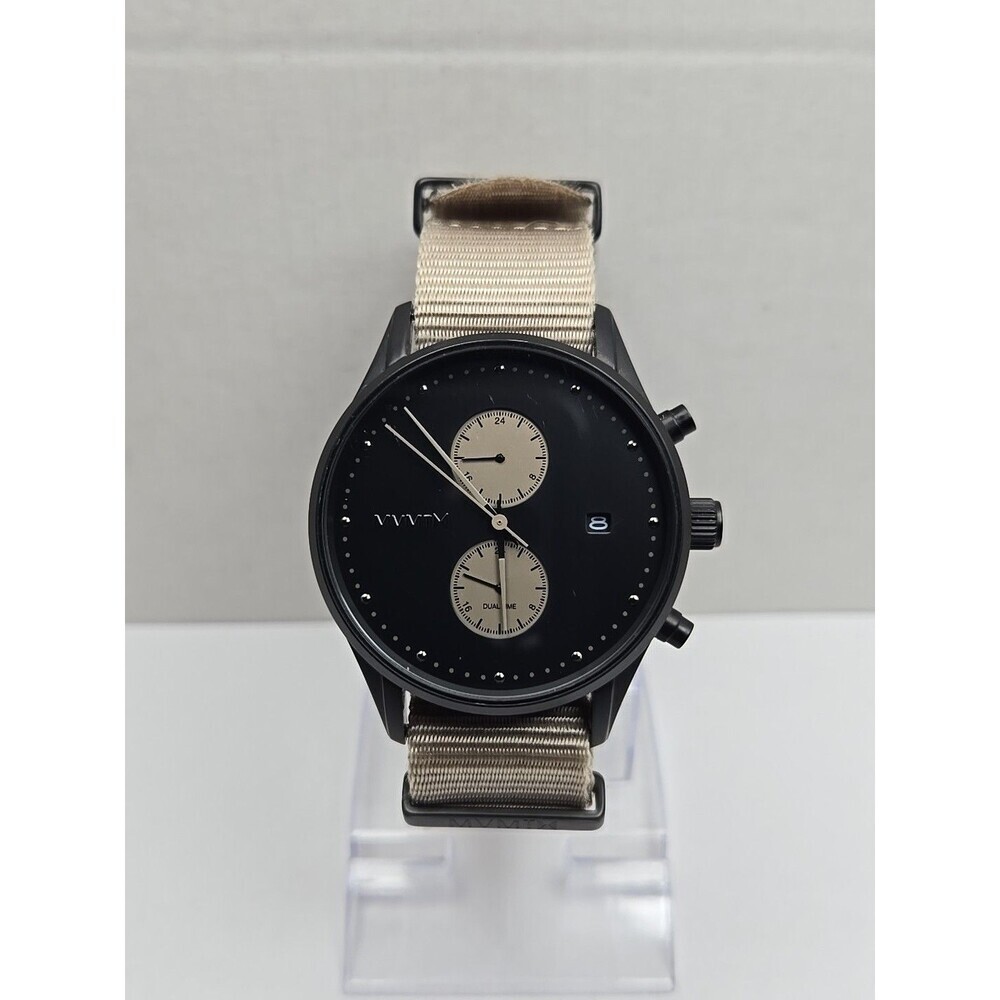 MVMT Voyager Desert Dual Time Watch 42mm Black Dial 10M Nylon Strap New Battery